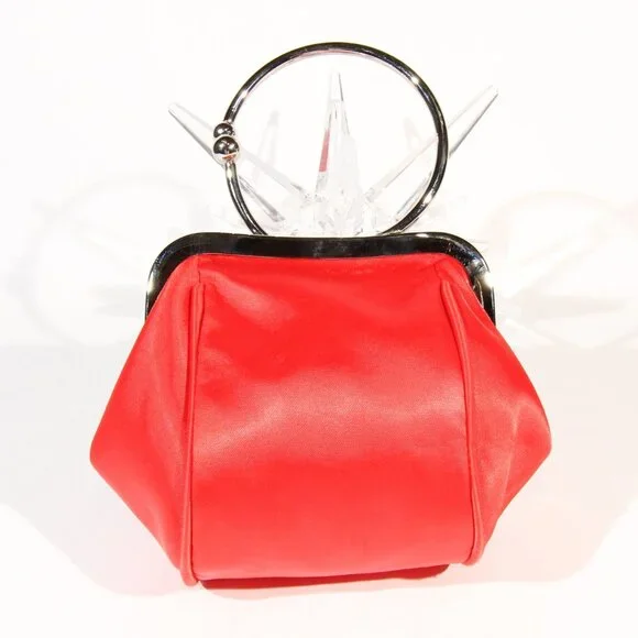 Red Evening Clutch with a Rhinestone Stripe and a Silver-Tone Metal Handle - Picture 2 of 9